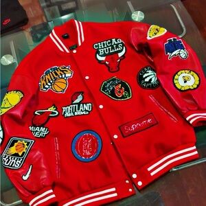 Nike Supreme Varsity letterman MEN Red Patchwork Jacket
